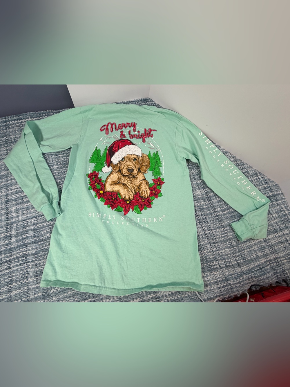 Simply Southern ladies S Mint Green 'Merry & Bright' Holiday Long Sleeve Tee
